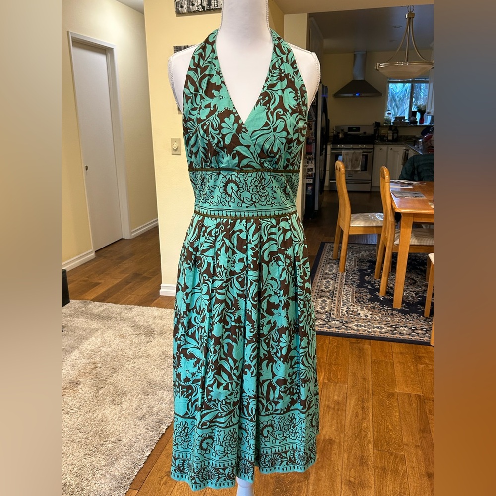Elegant Backless Floral Dress - Green and Brown